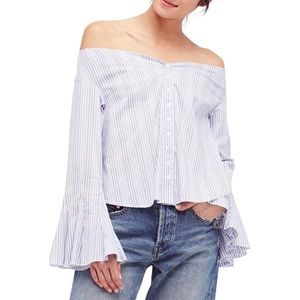 Free People Off-Shoulder Ruffle-Sleeve Button-Up Striped Top
